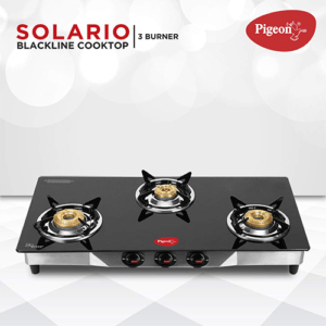 Pigeon by Stovekraft Solario Blackline 3 Burner High Powered Brass Burner Gas Stove, Cooktop with Glass Top and Stainless Steel Body, black